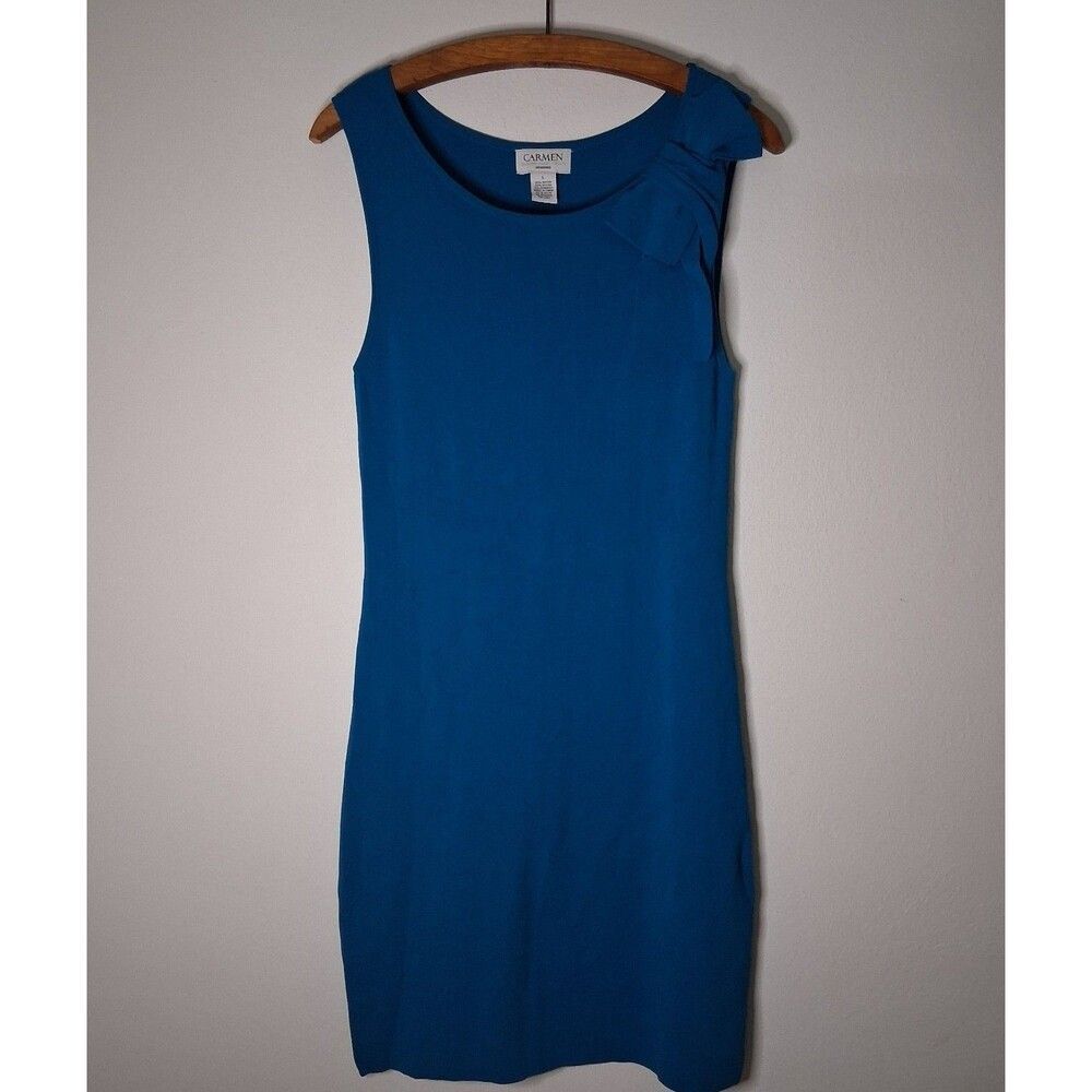 Carmen Marc Valvo Blue Asymmetric Bow Accent Ribbed Knit Sheath Dress Size L